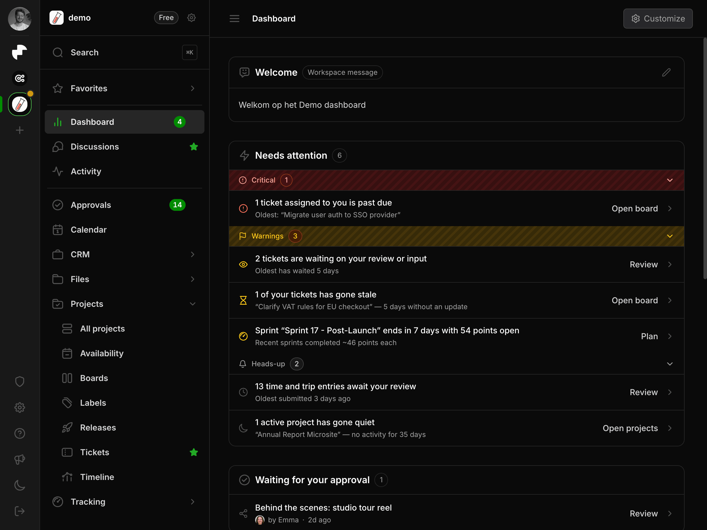 The Millstream dashboard, showing the needs-attention feed and the approvals waiting for review
