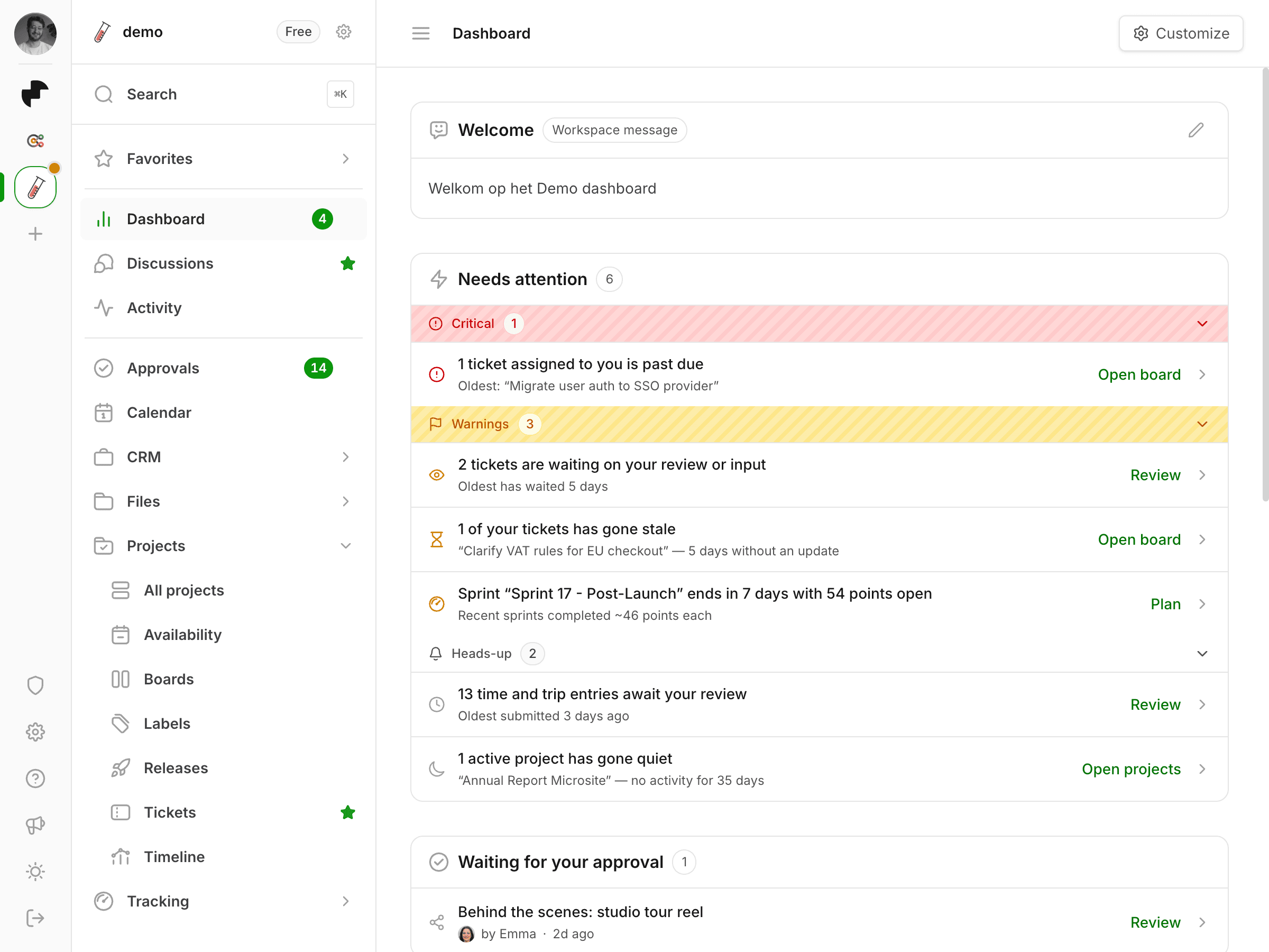 The Millstream dashboard, showing the needs-attention feed and the approvals waiting for review