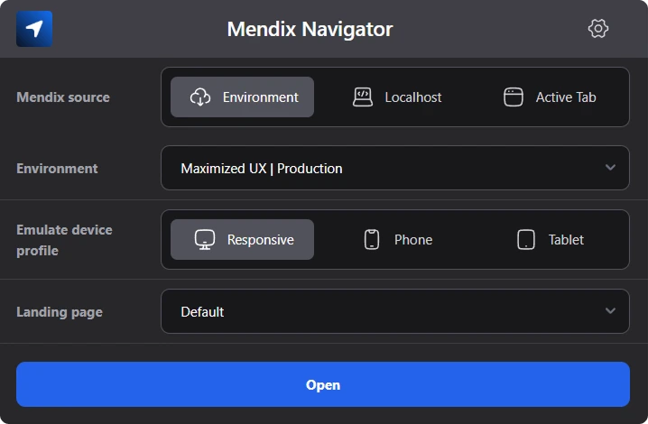 Mendix Navigator widget showing environment list