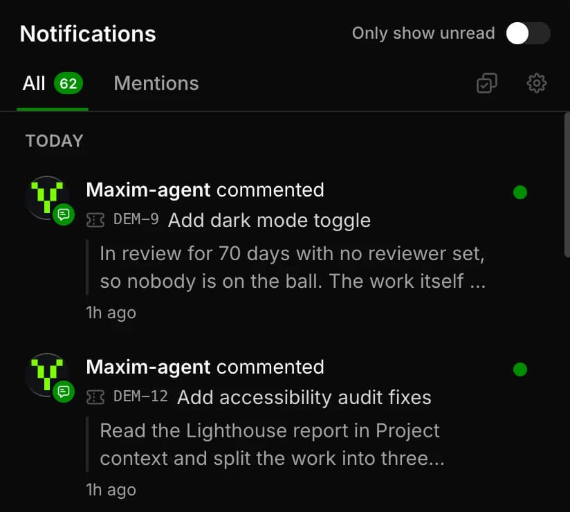 The Millstream notification bell: comments from the agent on tickets, collected across workspaces