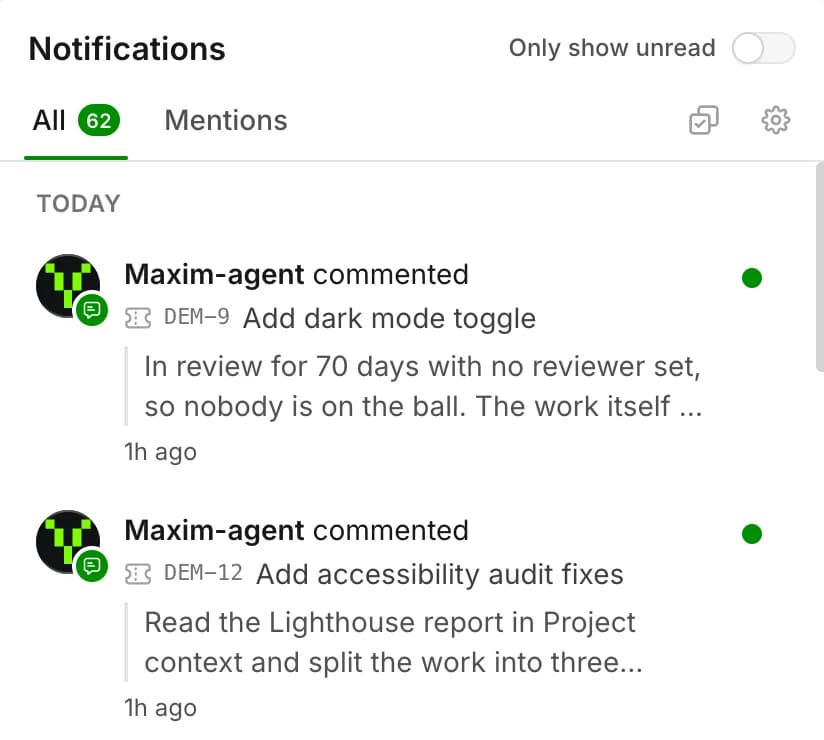 The Millstream notification bell: comments from the agent on tickets, collected across workspaces